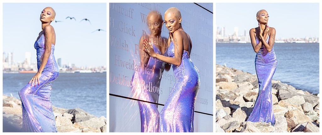 portrait session of model posing in a glittery gown at Liberty State Park
