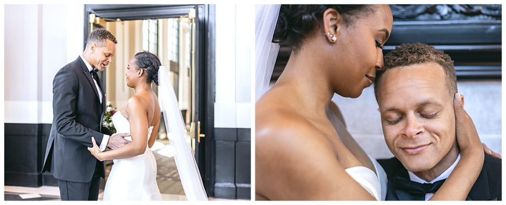 Beautiful couple sharing moments in their wedding attire after a first look ceremony